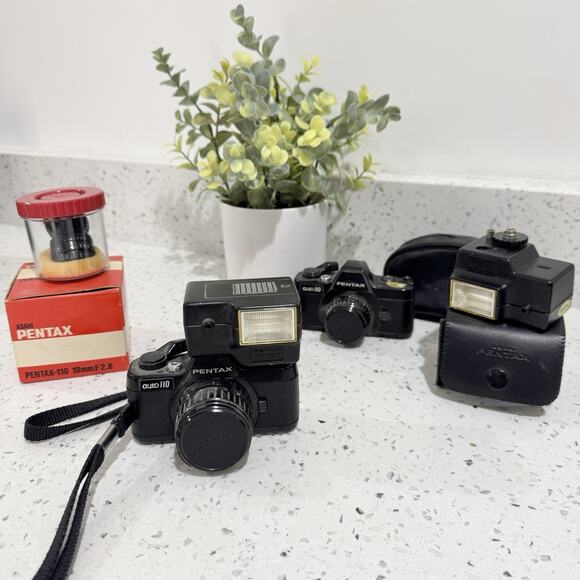 Vintage 1978-1985 Pentax Auto 110 Camera Bundle 18mm 2 Cameras